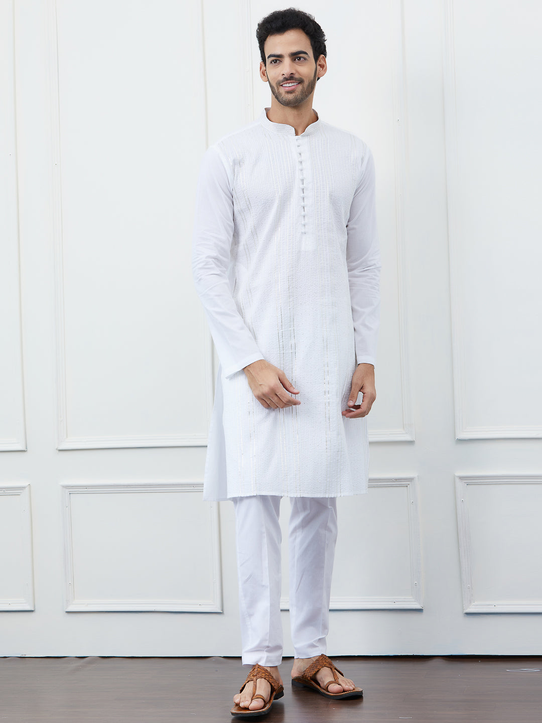 Men White Cotton Silver Thread Work & Sequence Kurta