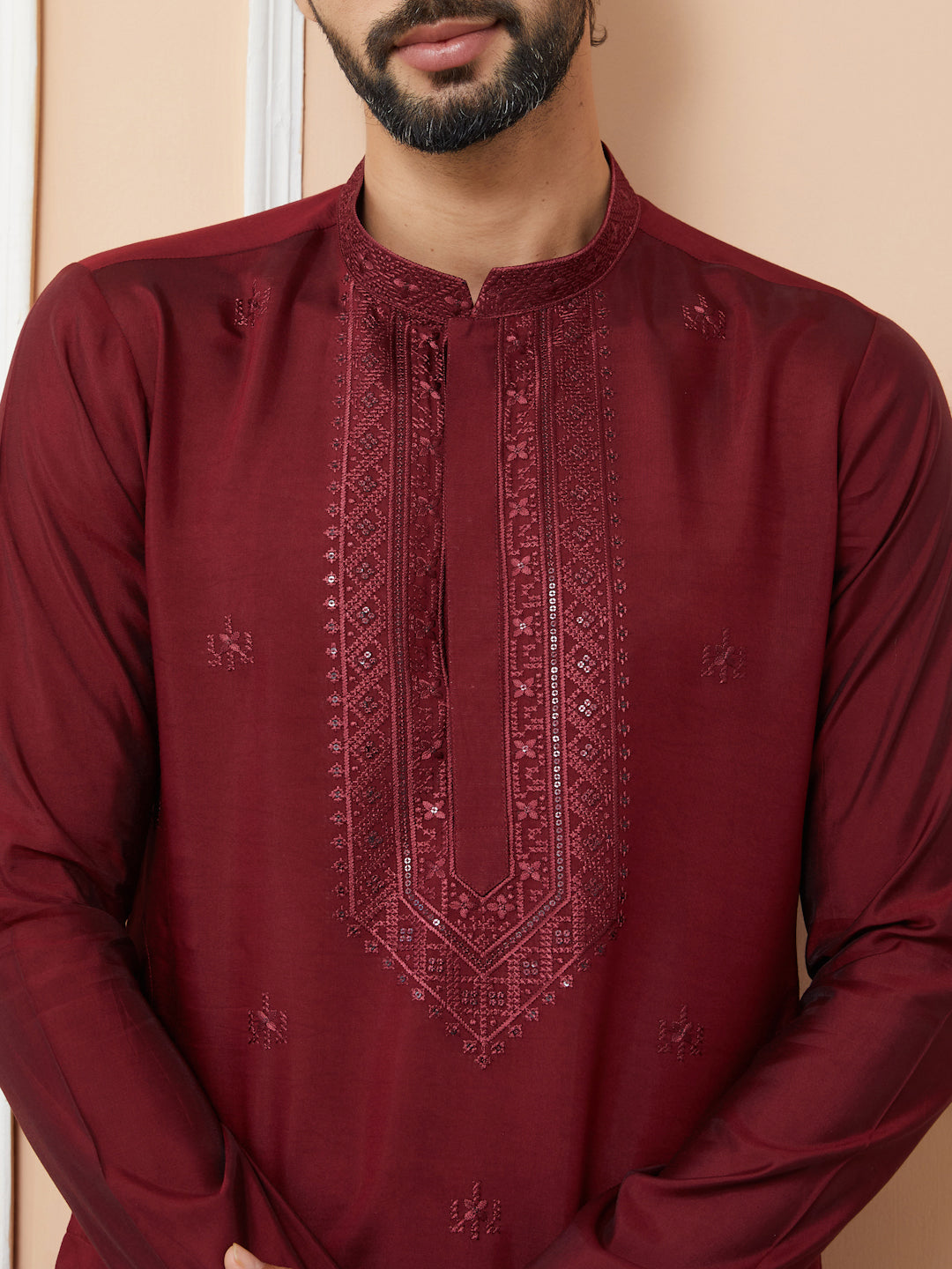 Maroon Embroidered Chanderi Silk Straight Kurta with Pyjama