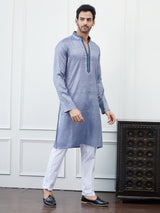 Men Grey & Blue Thread Work Yoke Design Cotton Kurta