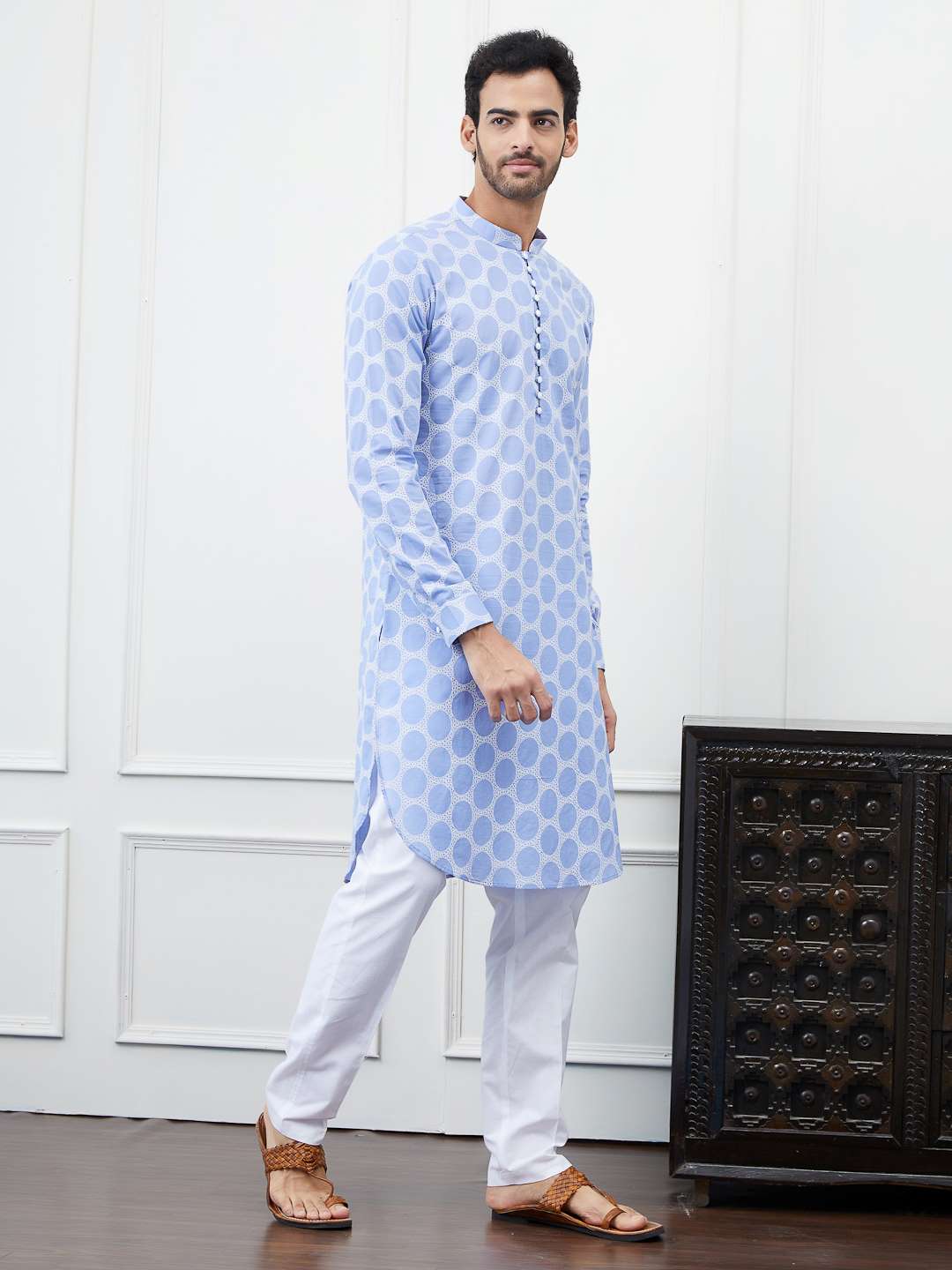 Men Light Blue with Circular Pattern Embroidered Cotton Kurta Set