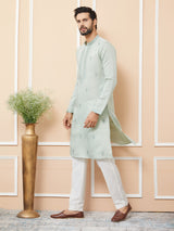 Pastel Green Embroidered Chanderi Silk Straight Kurta with Pyjama