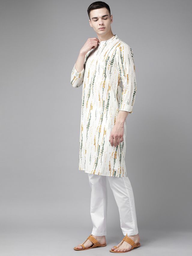 Men White Multi Tie and dye Print Design Straight Kurta With Pyjama