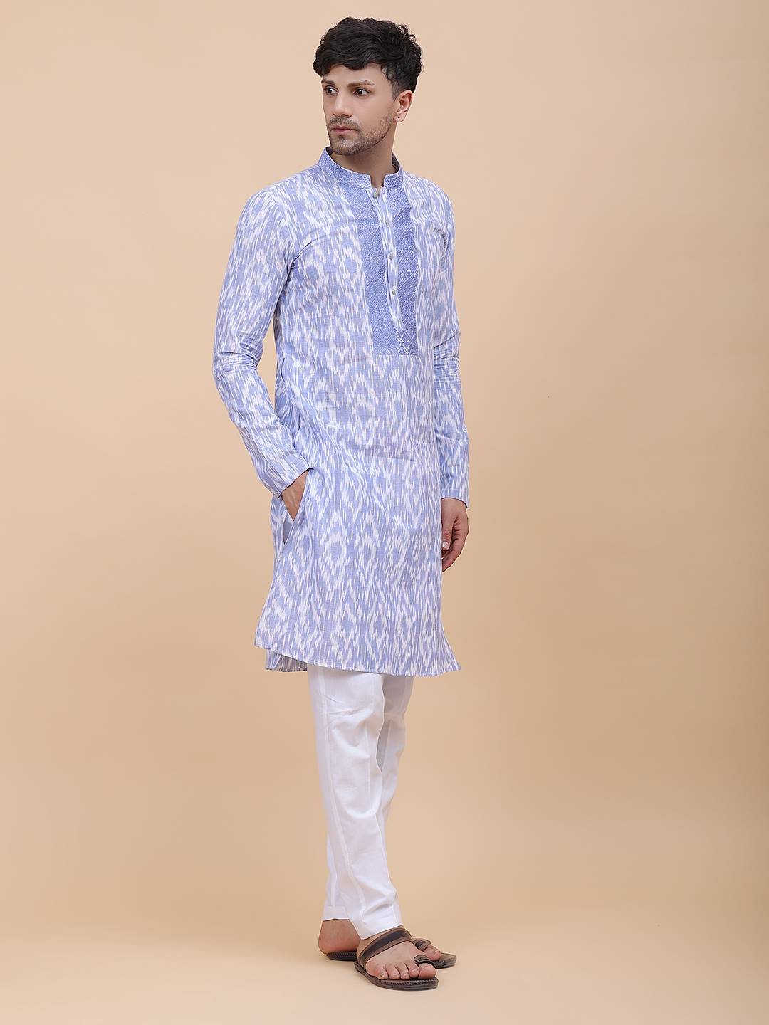 Men Blue & White Yoke Design Embroidered Cotton Kurta