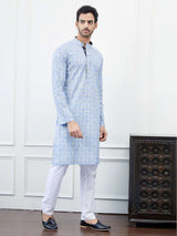 Men Blue & White Leaf Design Printed Cotton Kurta