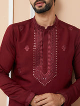 Dark Maroon Embroidered Chanderi Silk Straight Kurta with Pyjama