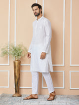 White Embroidered Pure Chanderi Silk Straight Kurta with Pyjama