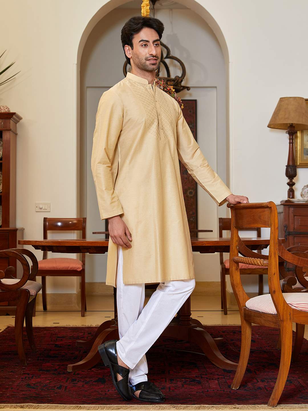 Men Brown Cotton Silk Pintex Yoke Design Kurta With Pajama