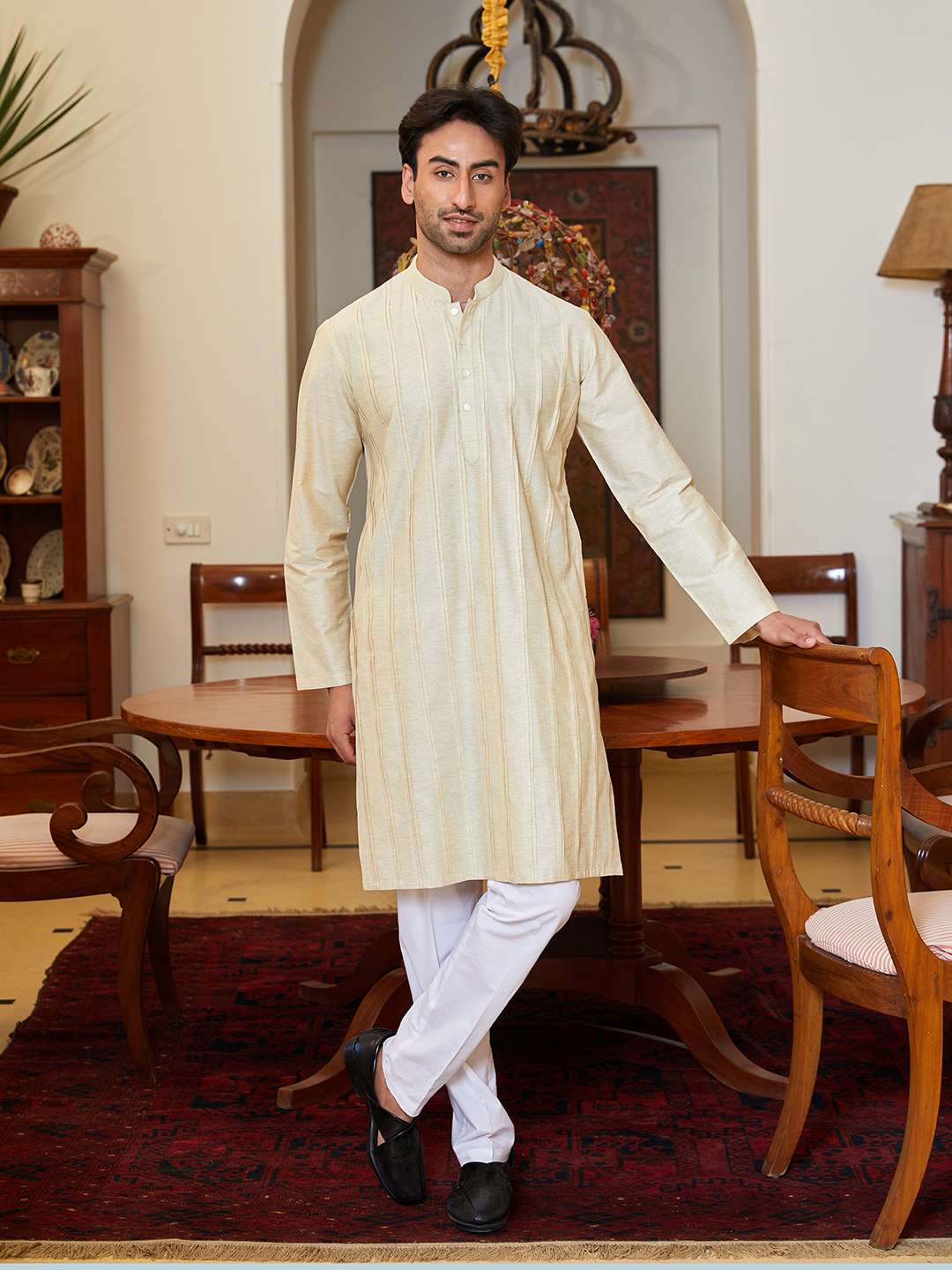 Men Beige Cotton Silk Pintex Design Thread Work Kurta With Pajama