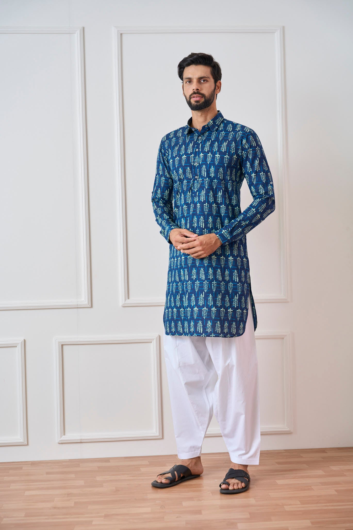 Riwaat.com Men Indigo Regular Pure Cotton Pathani Kurta Riwaat Floral Pathani