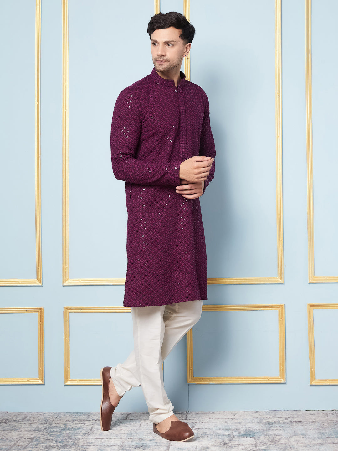 Men Megenta Embroidered Sequined Rayon Kurta & Cream Pajama