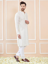 Men Pearl White with Golden Stripes Chanderi Silk Sequins Kurta With Pajama