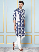 Men Blue and White Printed Kurta With pyjama