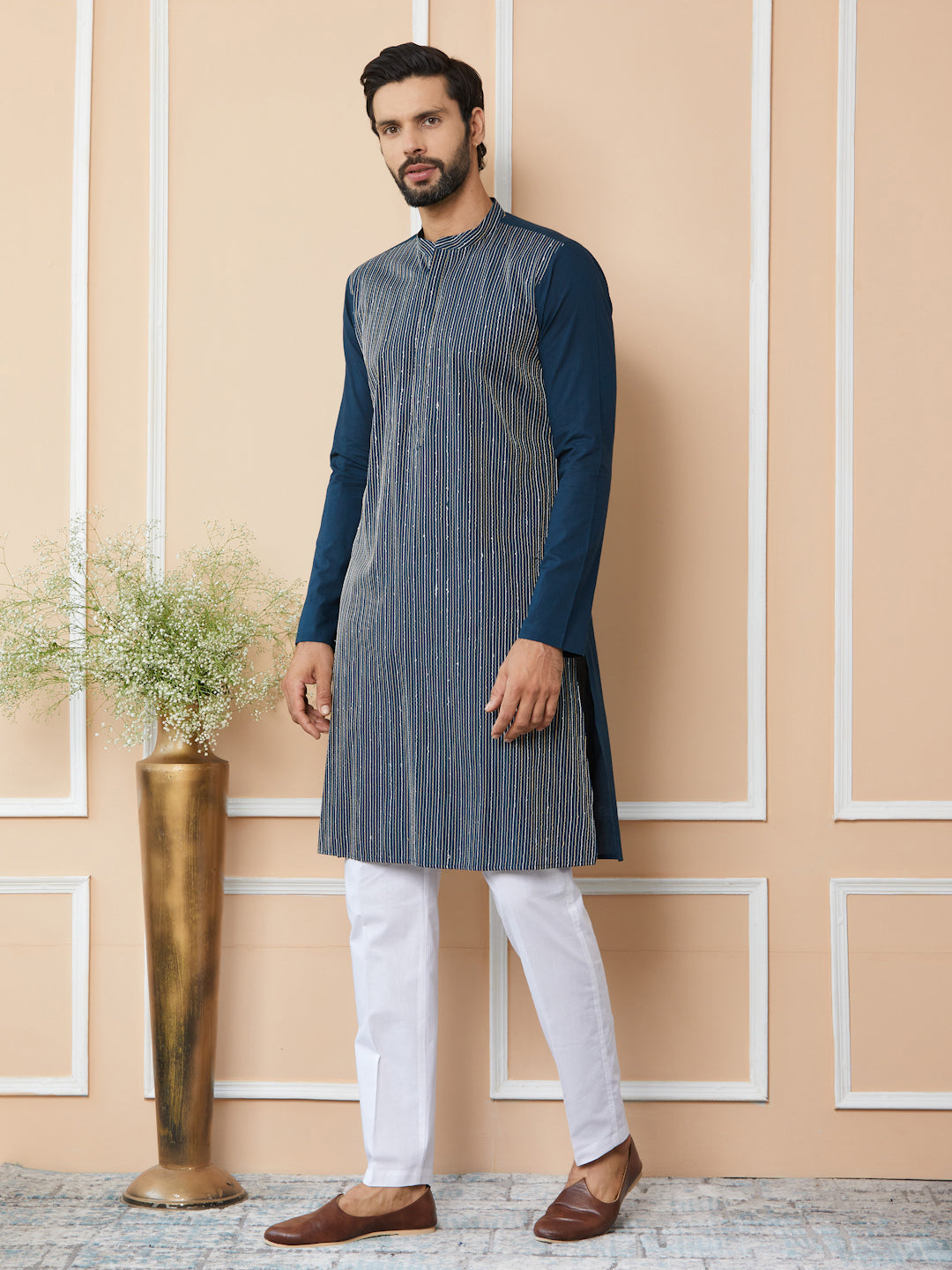 Dark Blue Thread & Sequins Worked Pure Cotton Straight Kurta with Pyjama