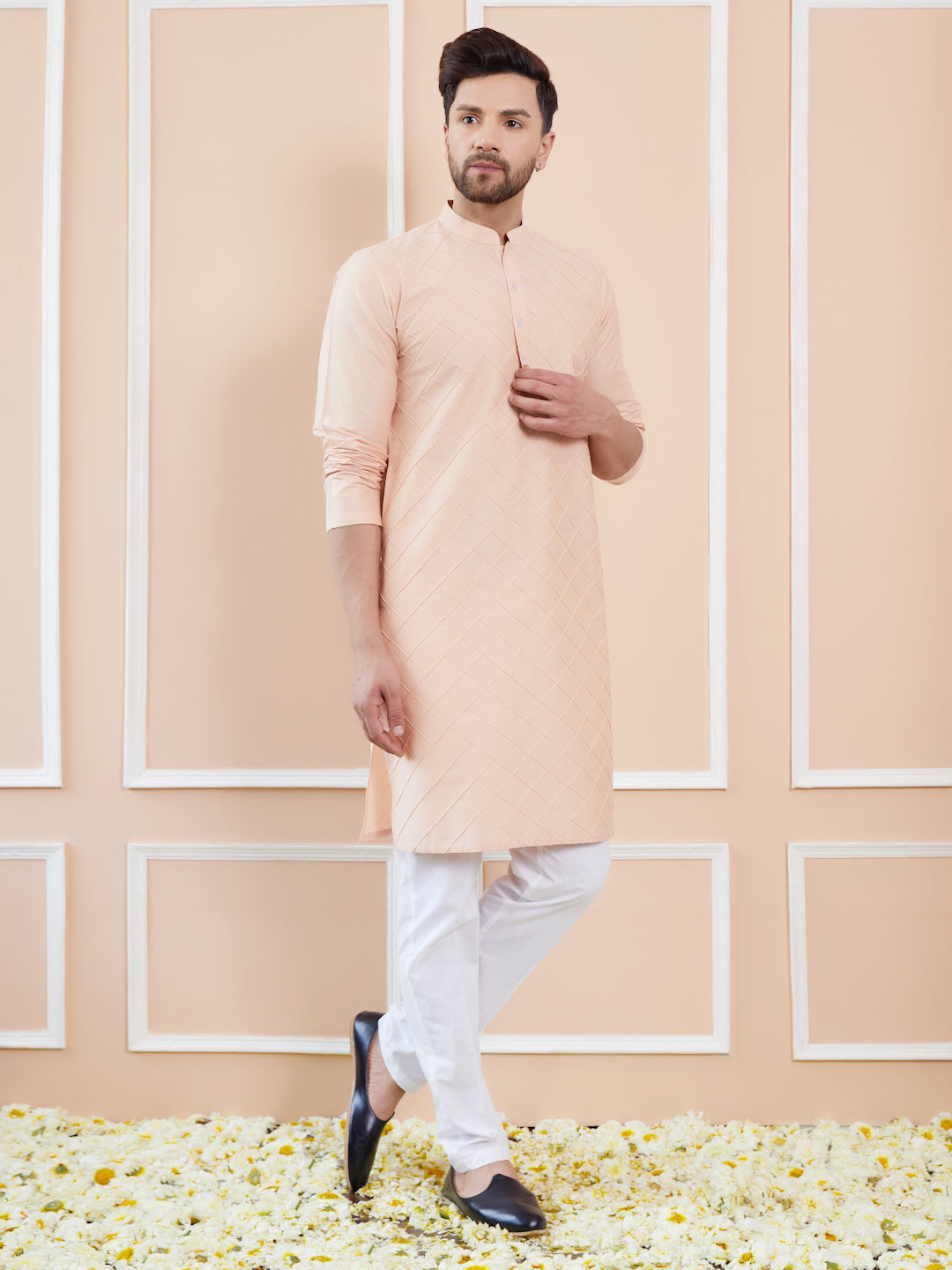 Men Peach Cotton Silk Pintex Design Thread Work Kurta With Pyjama