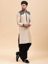 Men Gold & Black Silk Woven Design Straight Kurta With pyjama