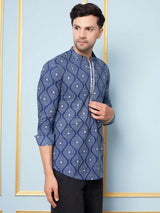 Men Blue & White Azure Wave Printed Cotton Short Kurta