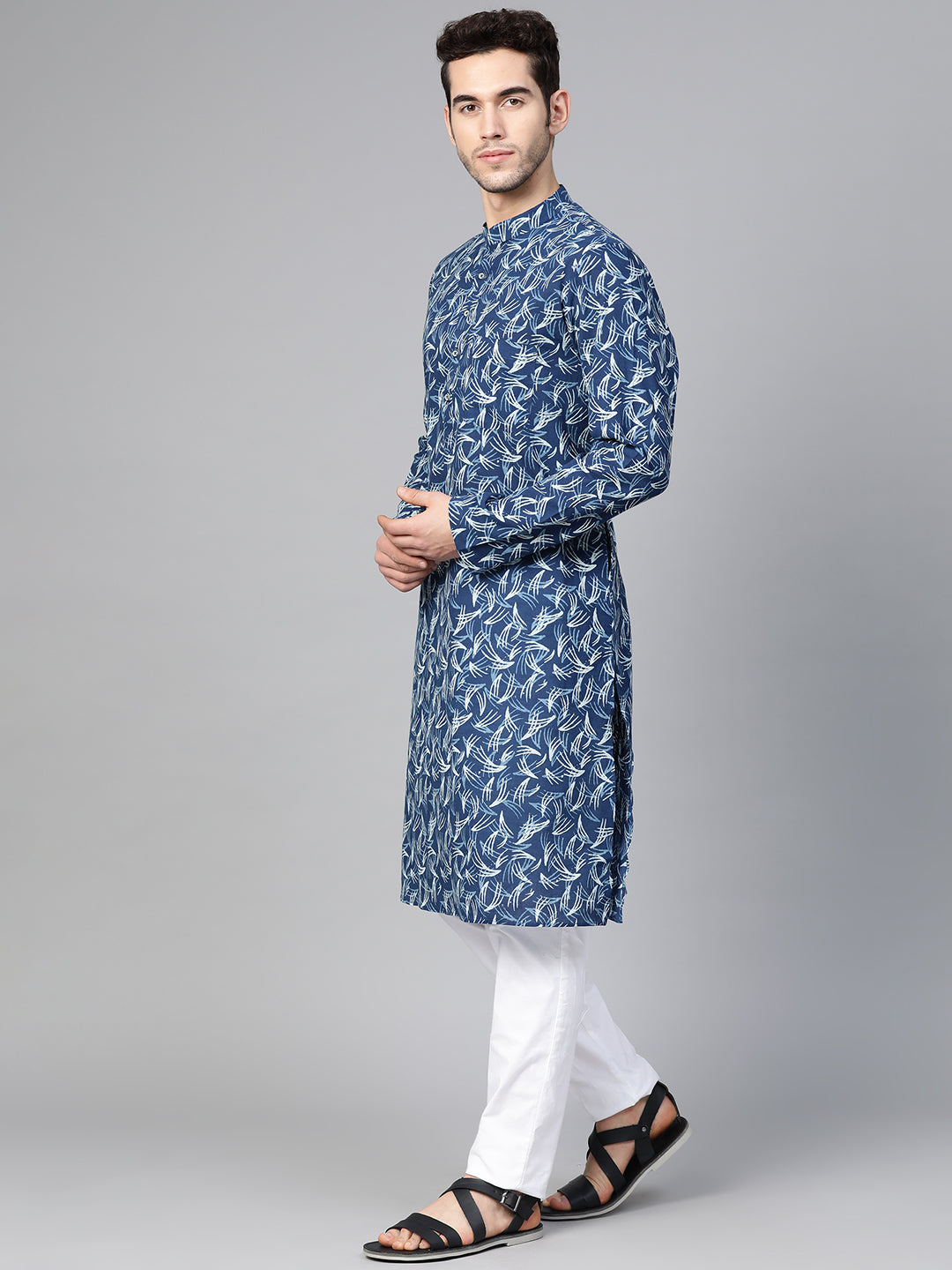 Riwaat.com Men Blue Indigo Hand Block Print Straight Sustainable Kurta Riwaat Printed