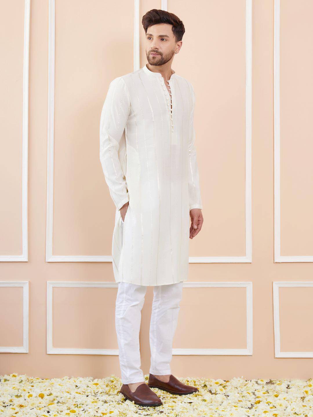 Men Ivory with Subtle Golden Chanderi Silk Sequins Kurta With Pajama