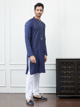 Riwaat.com Men Blue Solid Cotton Silk Kurta Riwaat Embroidered