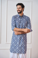 Men Indigo Hexagonal Pure Cotton Pathani Kurta