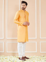 Peach Orange Chanderi Silk Straight Kurta with Embroidered Neckline & Pyjama