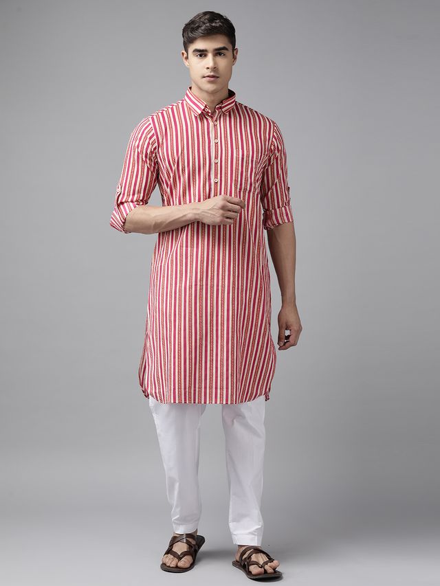 Men Fuchsia Pink Regular Pure Cotton Pathani Printed Men's Kurta