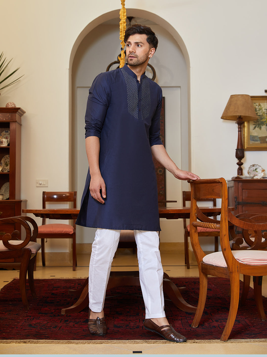 Men Navy Blue Cotton Silk Pintex Yoke Design Kurta