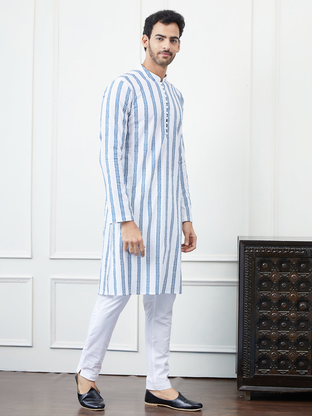 Men White with Vertical Blue Stripes Chikankari Embroidered Cotton Kurta Set