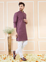 Purple Ethnic Motifs Silk Jacquard Woven Design Straight Kurta with Pyjama