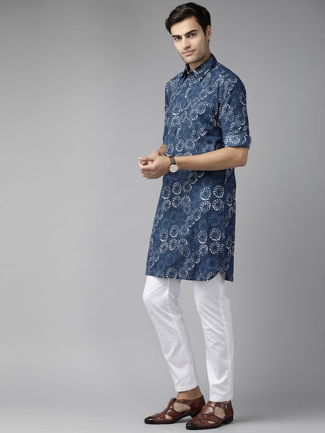 Men Indigo Regular Pure Cotton Pathani Printed Men's Kurta