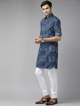 Men Indigo Regular Pure Cotton Pathani Printed Men's Kurta