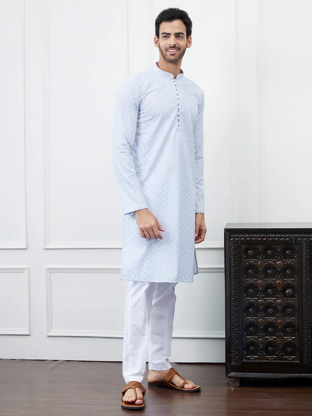 Men Light Blue with White Swirl Pattern Chikankari Embroidered Cotton Kurta Set