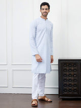 Men Light Blue with White Swirl Pattern Chikankari Embroidered Cotton Kurta Set