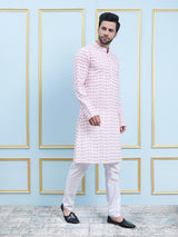 Riwaat.com Men White & Red Chikankari Embroidered Cotton Kurta Riwaat Chikankari Cotton Embroidered