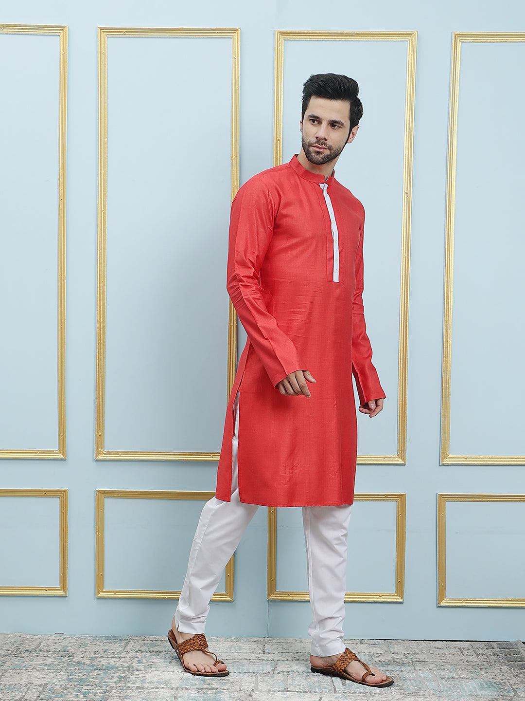 Riwaat.com Men Orange Solid Cotton Silk Kurta Riwaat Embroidered