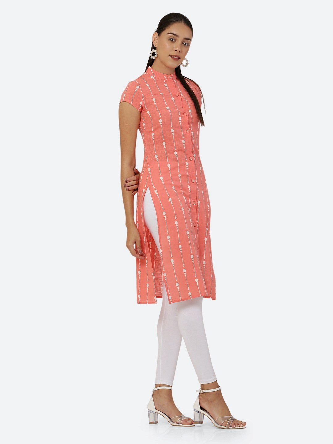 Women Peach & White Khari Print Straight Kurti