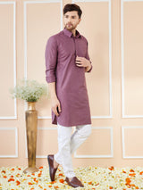 Men Purple Cotton Solid Pathani Kurta with Pyjama