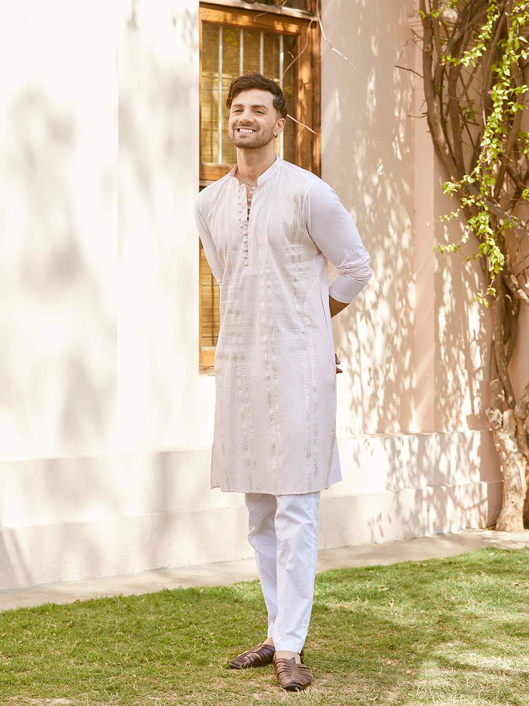 Men Blush Pink with Subtle Golden Pintex Design Sequins Cotton Kurta With Pajama