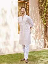 Men Blush Pink with Subtle Golden Pintex Design Sequins Cotton Kurta With Pajama