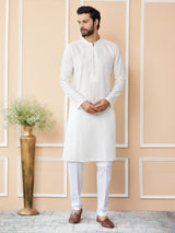 Off White Embroidered Thread Work Sequin Chanderi Silk Straight Kurta