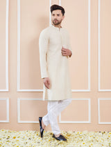 Men Cream Cotton Solid Straight Kurta