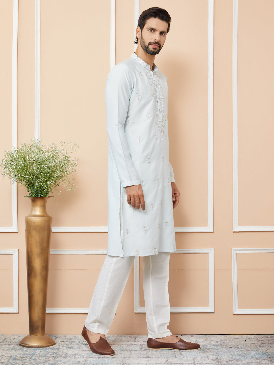 Light Blue Embroidered Zara Silk Straight Kurta with Pyjama