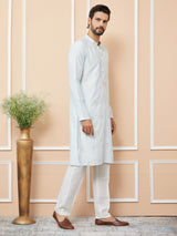 Light Blue Embroidered Zara Silk Straight Kurta with Pyjama