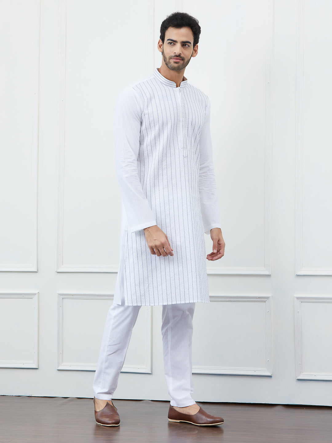 Men White Cotton Blue Thread Work & Sequinses Kurta With Pyjama