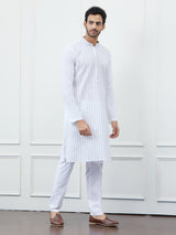 Men White Cotton Blue Thread Work & Sequinses Kurta With Pyjama