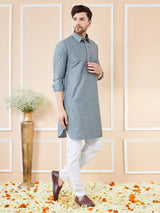 Men Grey Cotton Solid Pathani Kurta