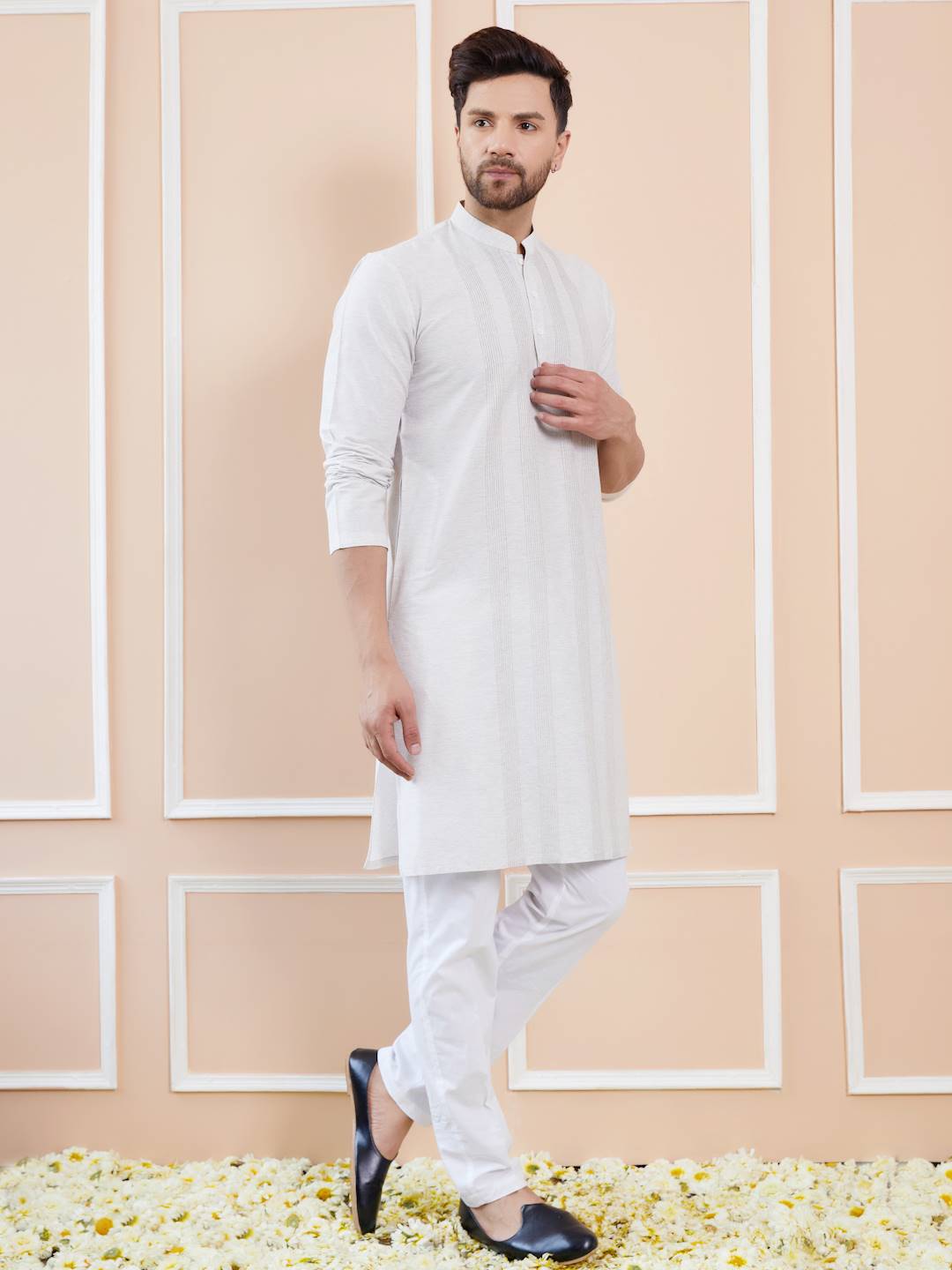 Men Off White Cotton Silk Pintex Design Thread Work Kurta With Pajama