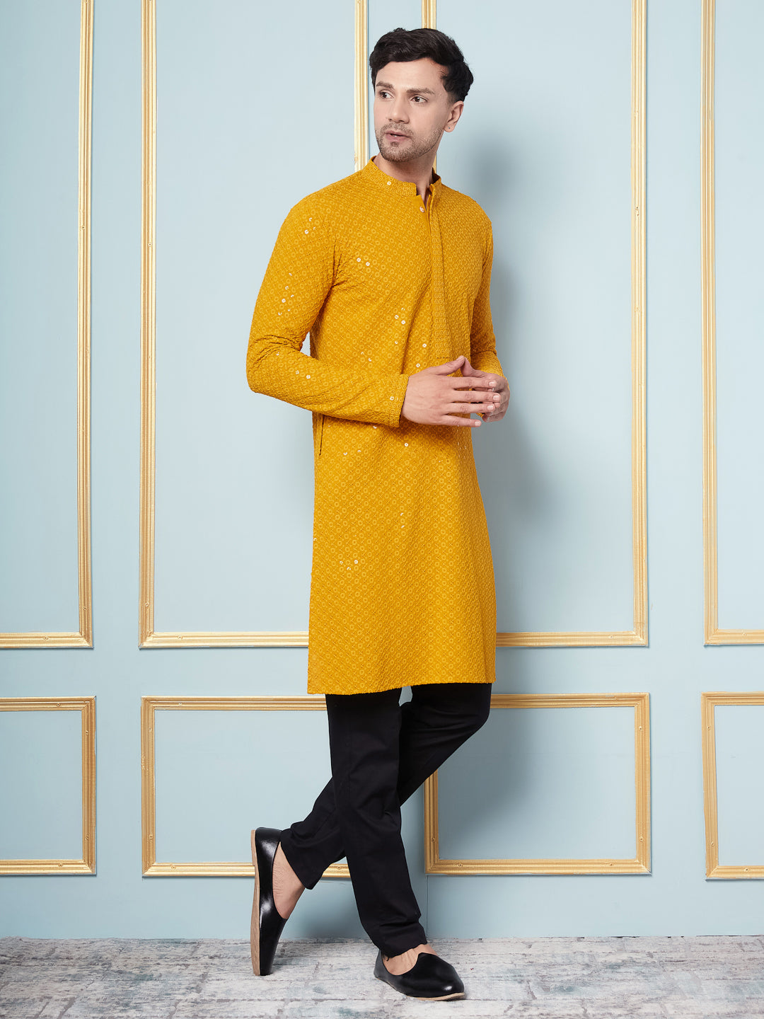 Men Golden Sunrise Embroidered Sequined Rayon Kurta