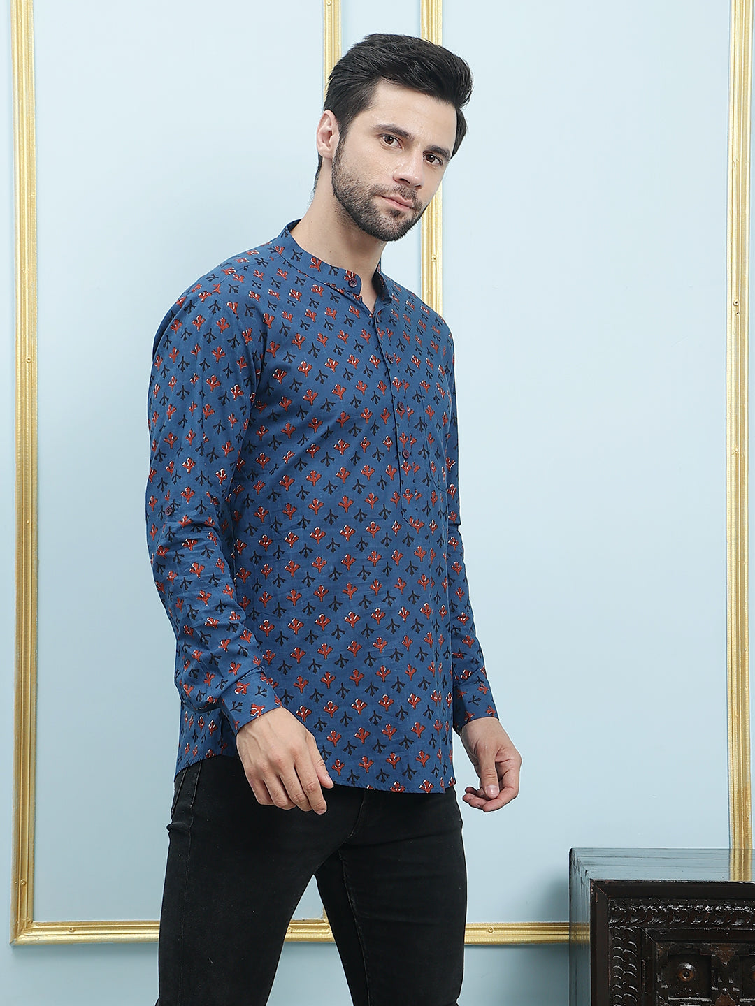 Men Blue Printed Cotton Short Kurta