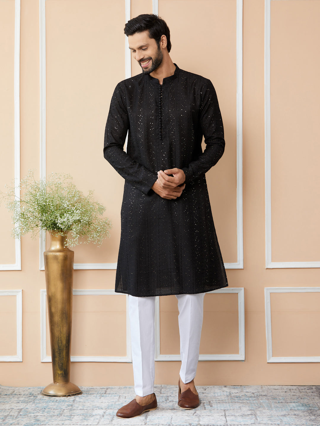 Black Embroidered Thread Work Sequinsed Chanderi Silk Straight Kurta with Pyjama